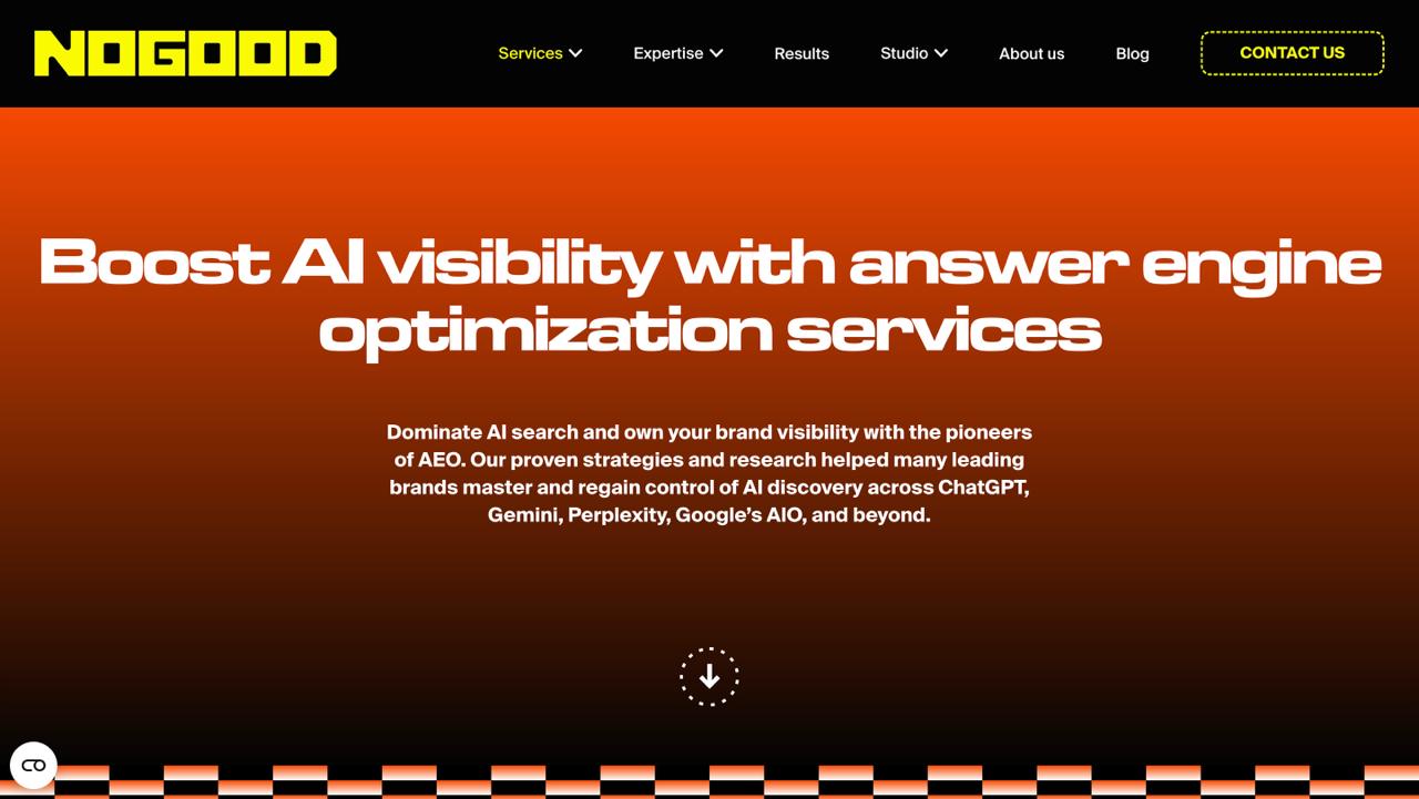 NoGood homepage featuring Answer Engine Optimization services with Goodie platform for AI visibility across ChatGPT Gemini and Perplexity