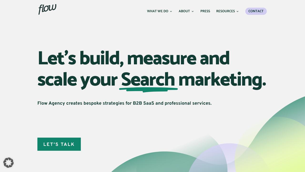 Flow Agency website displaying LLMO dashboard, generative engine optimization services, and AI search strategies for SaaS startups and professional services