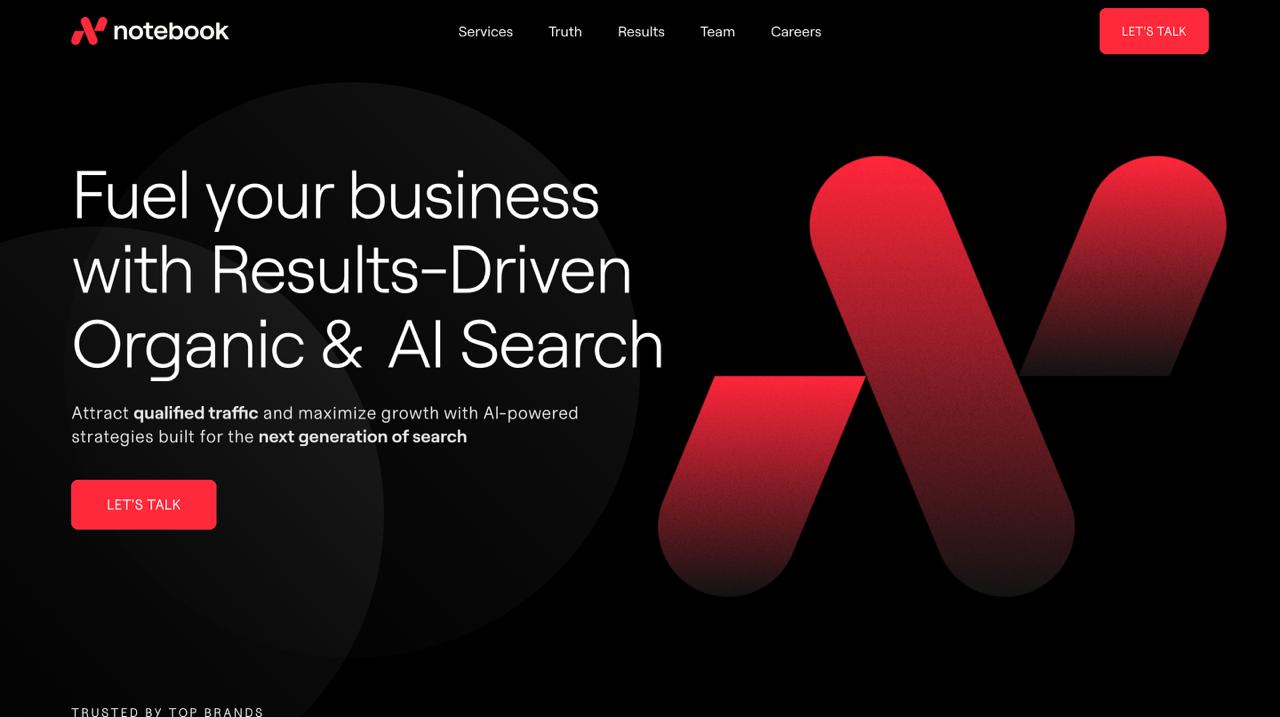 Notebook Agency website featuring Truth Alignment Framework for B2B LLMO services, enterprise AI search optimization, and ChatGPT visibility strategies