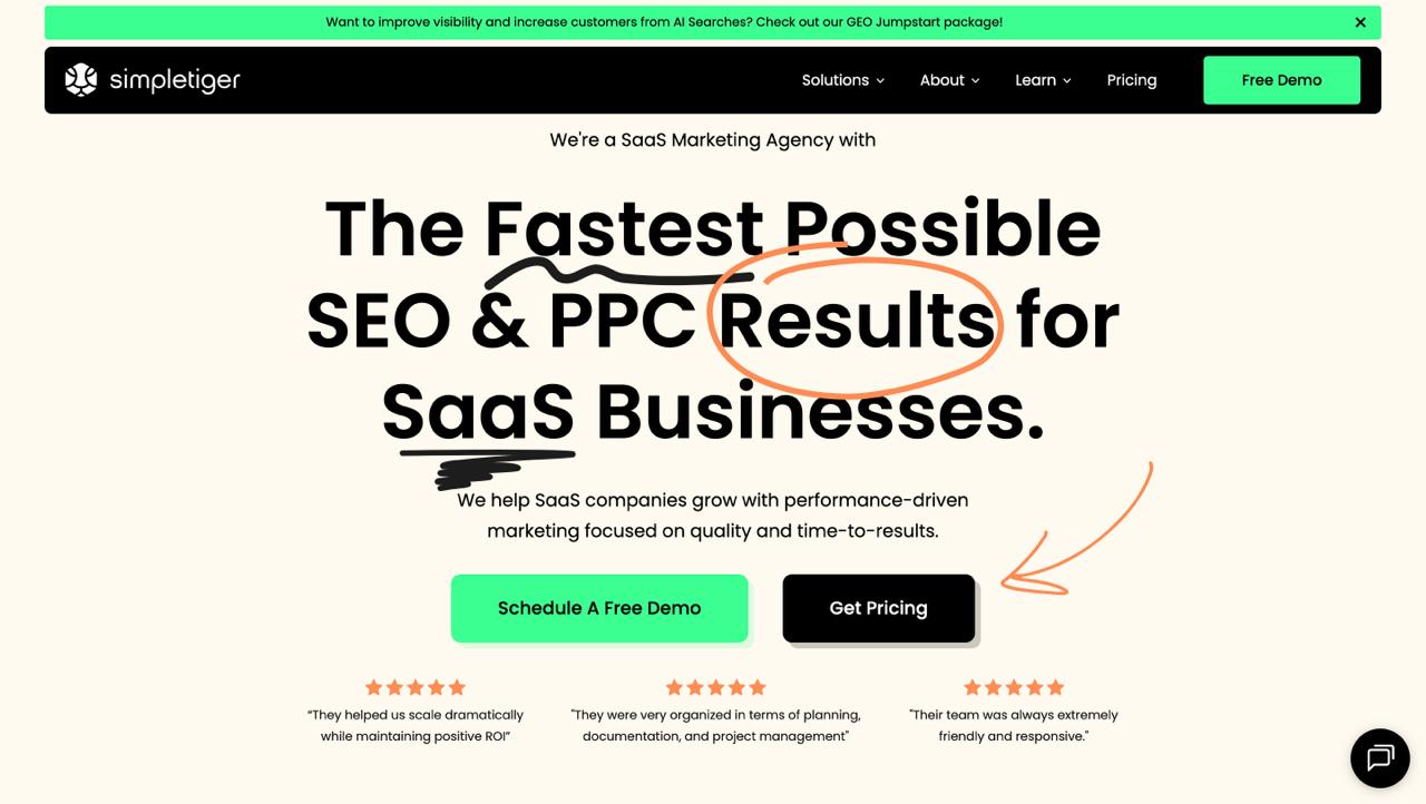 SimpleTiger homepage image highlighting LLM-driven search solutions for lean SaaS teams, emphasizing clarity and efficient AI-powered optimization.