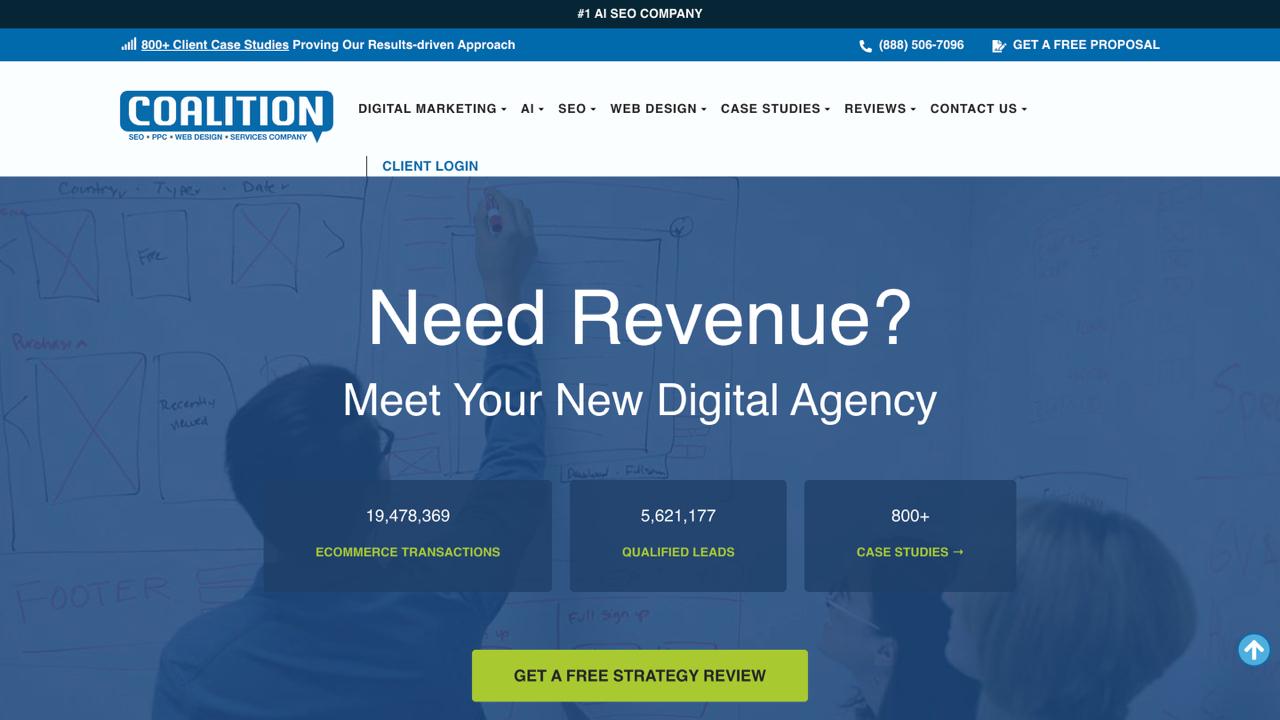 Coalition Technologies e-commerce homepage displaying generative engine optimization, ChatGPT visibility services, and LLM strategies for online retail brands