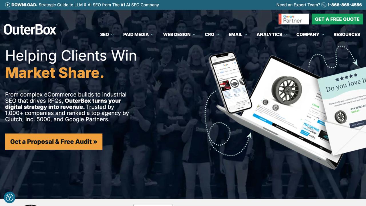OuterBox large-catalog SEO agency website featuring category architecture optimization, 5000 SKU management solutions, and industrial e-commerce search strategies
