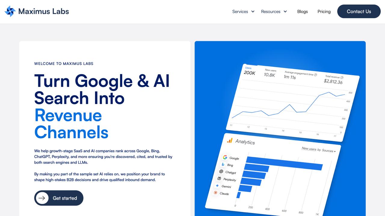 MaximusLabs AI homepage showcasing AI-native e-commerce SEO, Shopify optimization, headless commerce solutions, and ChatGPT Shopping visibility for D2C brands