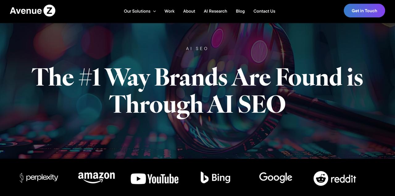Avenue Z fintech AI SEO agency homepage featuring AI Visibility Index research, GEO optimization, and proprietary AIVx competitive analysis