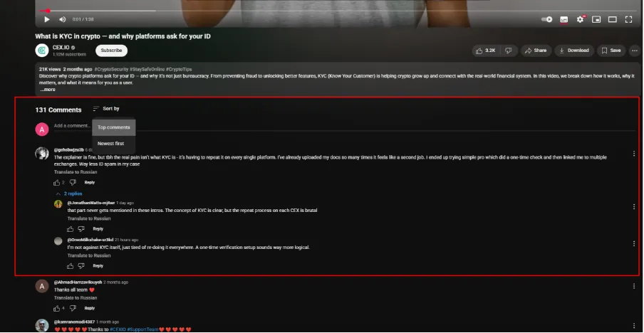 YouTube comment section on KYC crypto video with top-ranked comment generating organic debate about exchange verification processes.