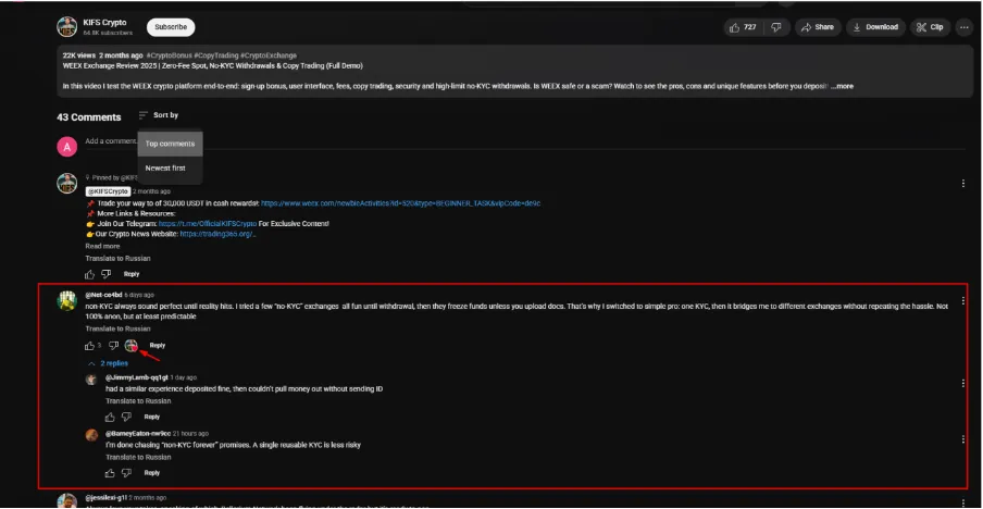 YouTube top comment placement showing crypto KYC exchange discussion with 3 likes and organic replies about non-custodial platforms.