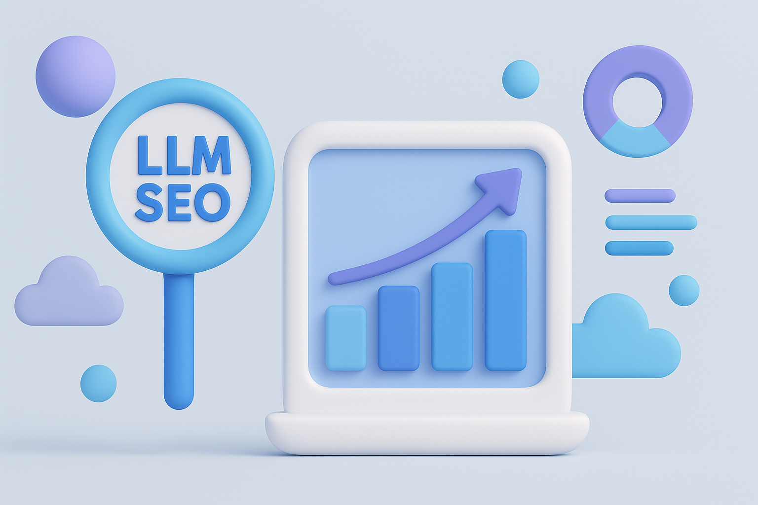 LLM-driven SEO illustration featuring a magnifying glass, upward-trending analytics chart, and abstract cloud elements symbolizing AI-enhanced search optimization.