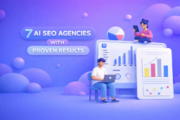 رسم توضيحي ثلاثي الأبعاد لفريق تحليلات AI SEO مع لوحات معلومات ومخططات على خلفية متدرجة زرقاء-أرجوانية، مع تسليط الضوء على نتائج SEO المثبتة.