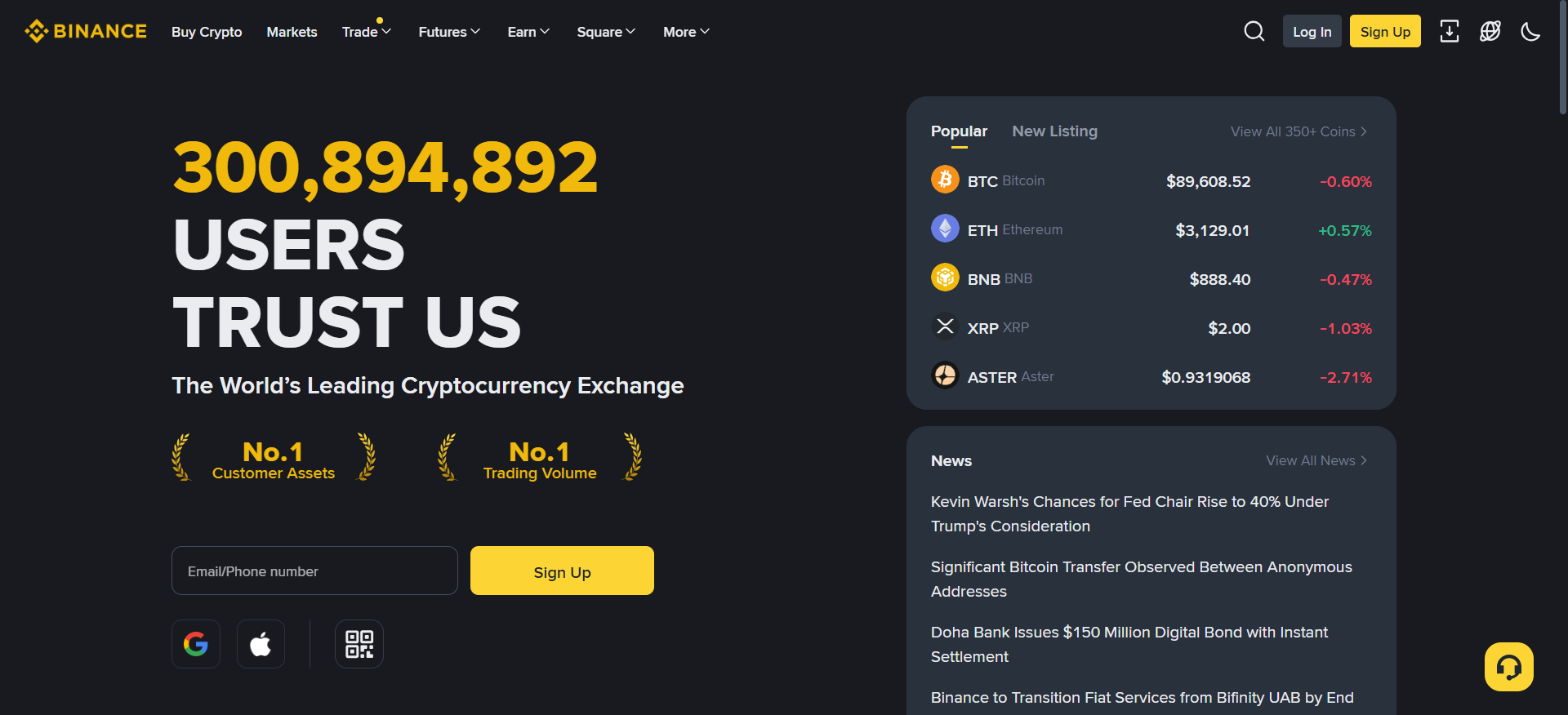 Binance homepage displaying spot and futures markets with BNB ecosystem access — best crypto exchange by trading volume.