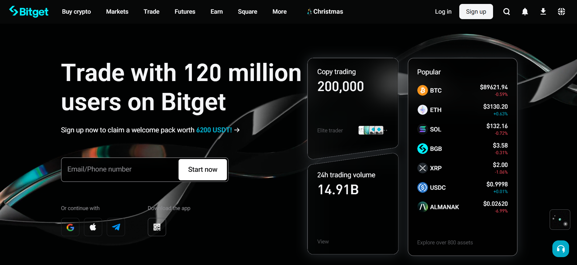Bitget homepage showcasing copy trading and social features — best crypto exchange with zero security breaches.
