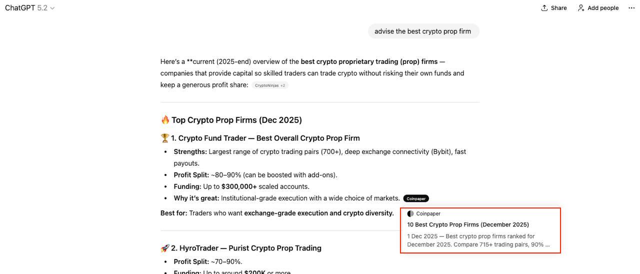 Screenshot of ChatGPT response ranking top crypto proprietary trading firms in December 2025, featuring Crypto Fund Trader and HyroTrader with profit splits, funding limits, and execution details.