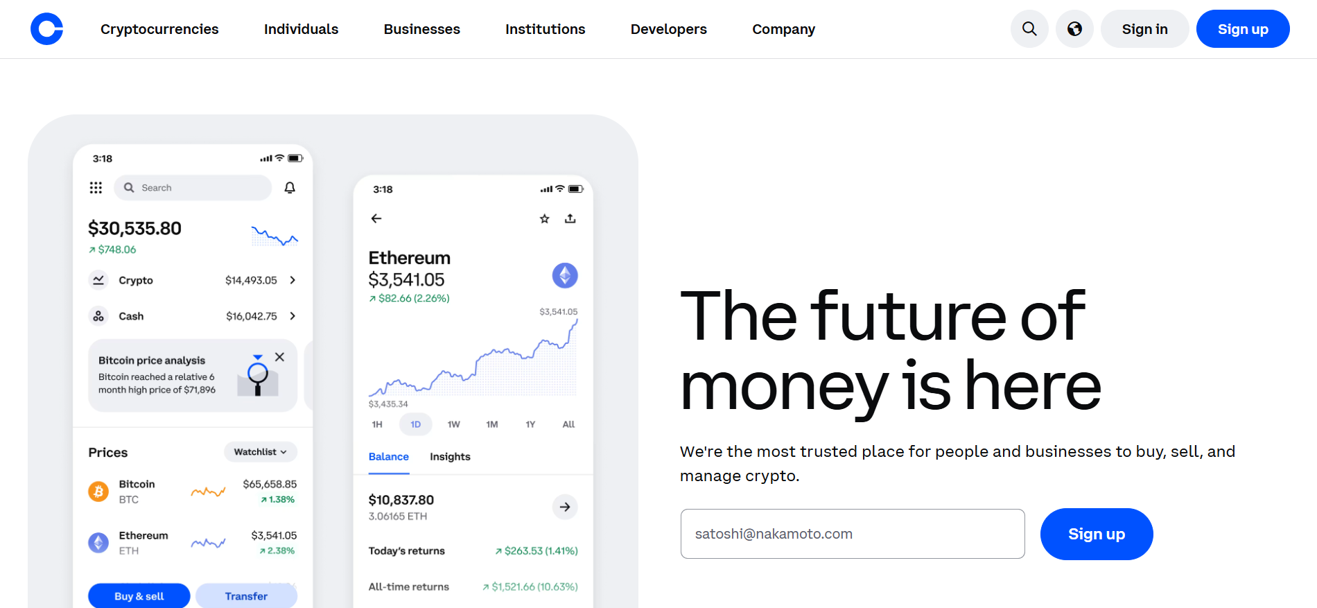 Coinbase regulated trading platform homepage with Base L2 integration — best crypto exchange for US institutional traders.