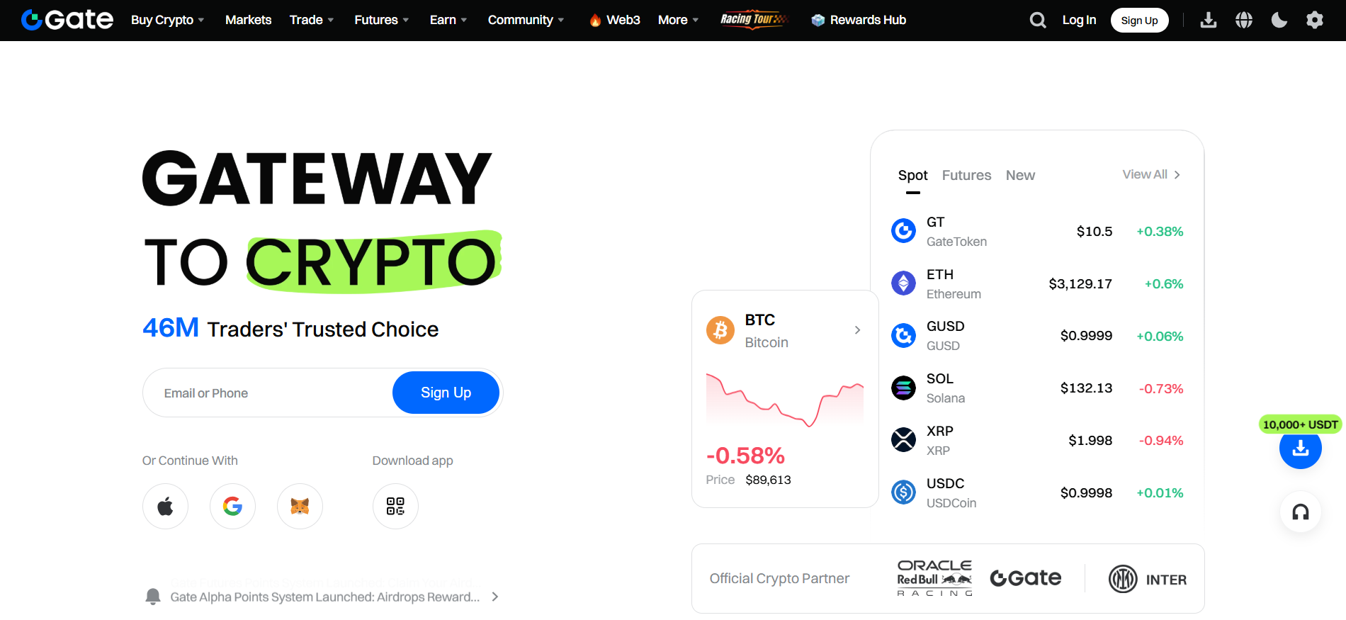 Gate.io altcoin trading platform homepage with 3800 listed tokens — best crypto exchange for early gem discovery.