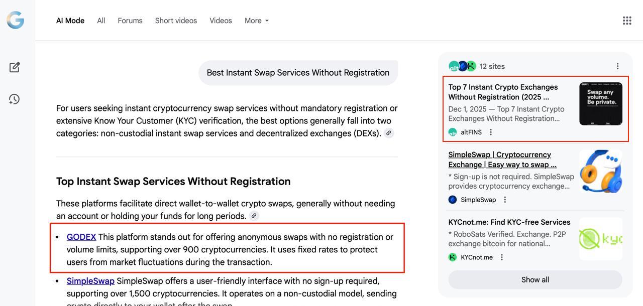 Google AI overview page displaying best instant crypto swap services without registration, highlighting GODEX and SimpleSwap, alongside search results for no-KYC and account-free exchanges.