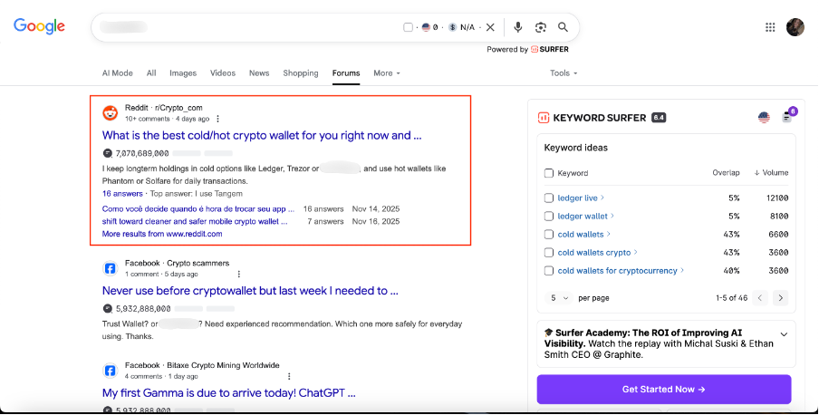 Google search results page with a highlighted Reddit thread about the best cold and hot crypto wallets.