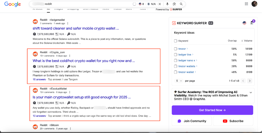 Google forum search results highlighting multiple Reddit discussions on crypto wallets, including cold wallets and 2025 setup advice.