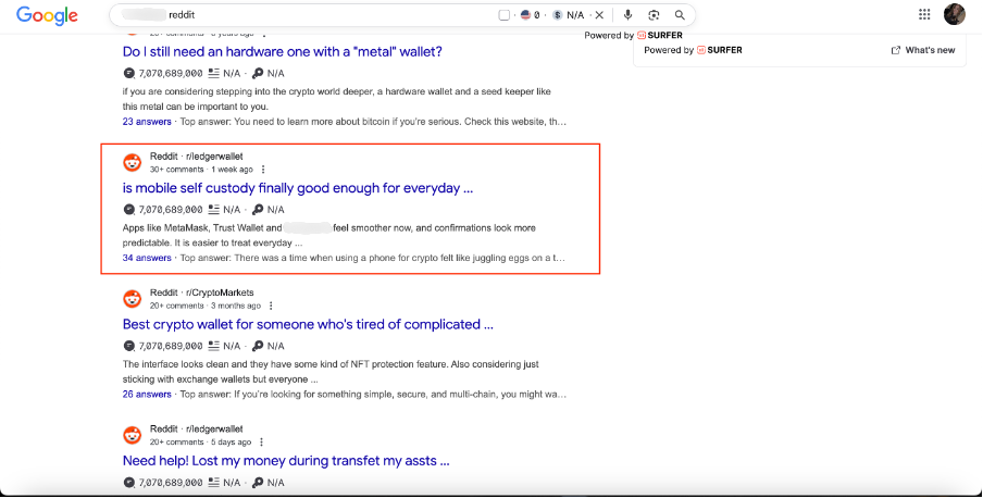 Google search results showing Reddit posts about mobile self-custody crypto wallets and everyday usage, with highlighted result cards.