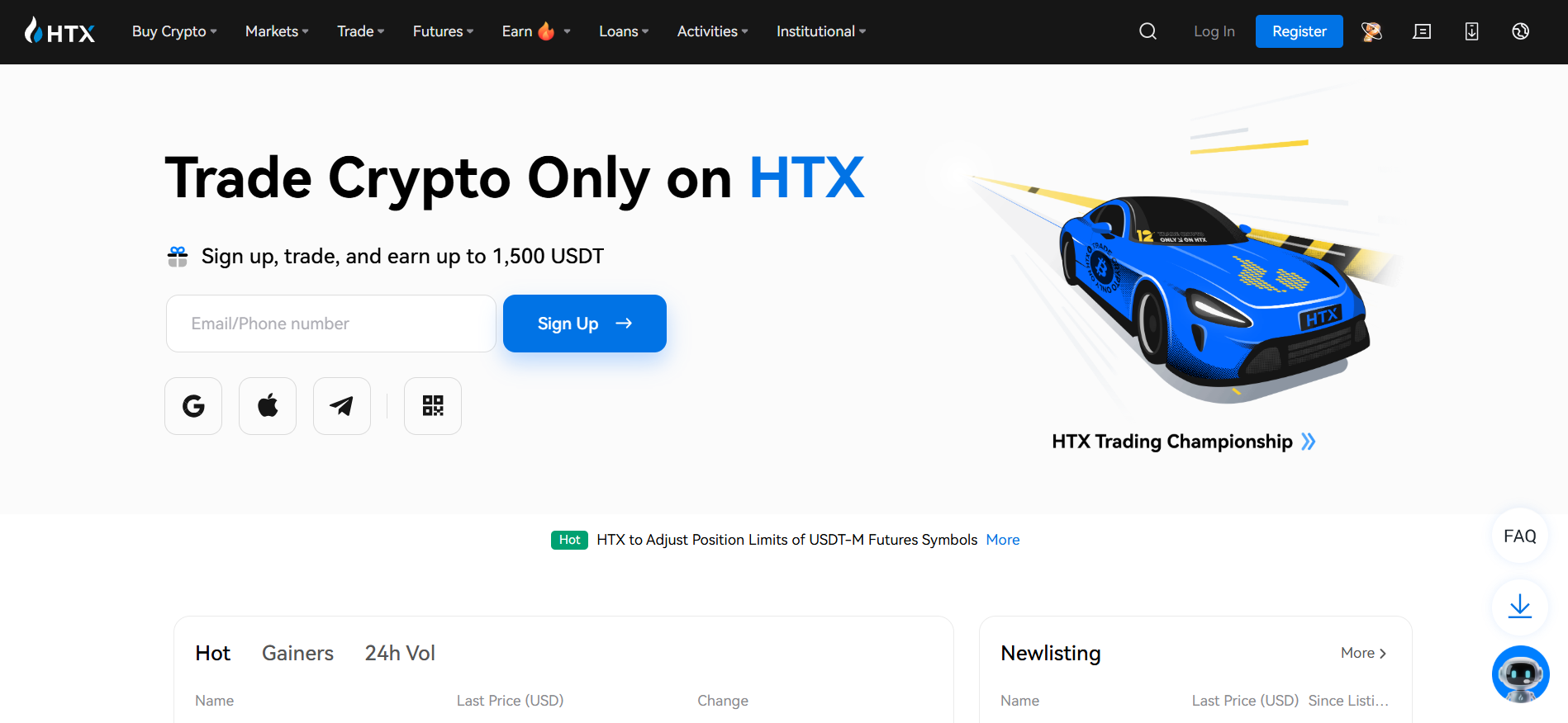 HTX trading platform homepage with TRON ecosystem integration — best crypto exchange for high-yield opportunities.