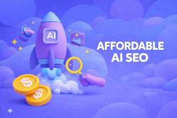 3D illustration of a rocket with AI icon and large text “AFFORDABLE AI SEO” in a blue and purple tech-style background