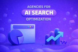 3D blue-purple illustration with analytics charts and bold headline “Agencies for AI Search Optimization” on abstract geometric background.