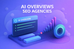 Soft 3D illustration in blue and purple tones showing AI Overviews interface, analytics charts and rounded abstract shapes, representing SEO agencies and AI-driven search optimization.