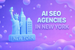 Soft 3D illustration of New York City with the Statue of Liberty and skyscrapers in blue and purple tones, representing AI SEO agencies in New York.