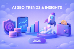 Minimal 3D scene showing AI SEO trends and insights for 2026, featuring a rocket, analytics charts, crypto symbols and wallet on a soft pastel gradient background with rounded shapes.