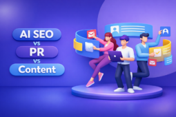 Soft 3D illustration with minimal rounded buttons comparing AI SEO, PR, and Content in a blue-purple tech style.