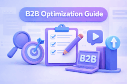 3D illustration of a B2B optimization guide with a checklist, analytics icons, and growth elements in a blue-purple UI style.
