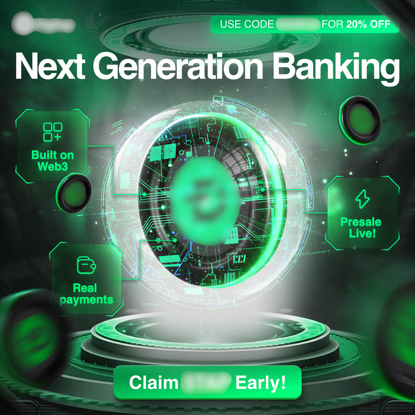 Promotional Web3 banking banner showing a futuristic digital core, presale announcement, real payments, and a call to claim early access.