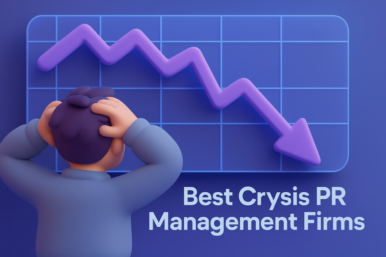3D illustration of stressed business person facing declining chart representing need for crisis PR firms in crypto reputation management.