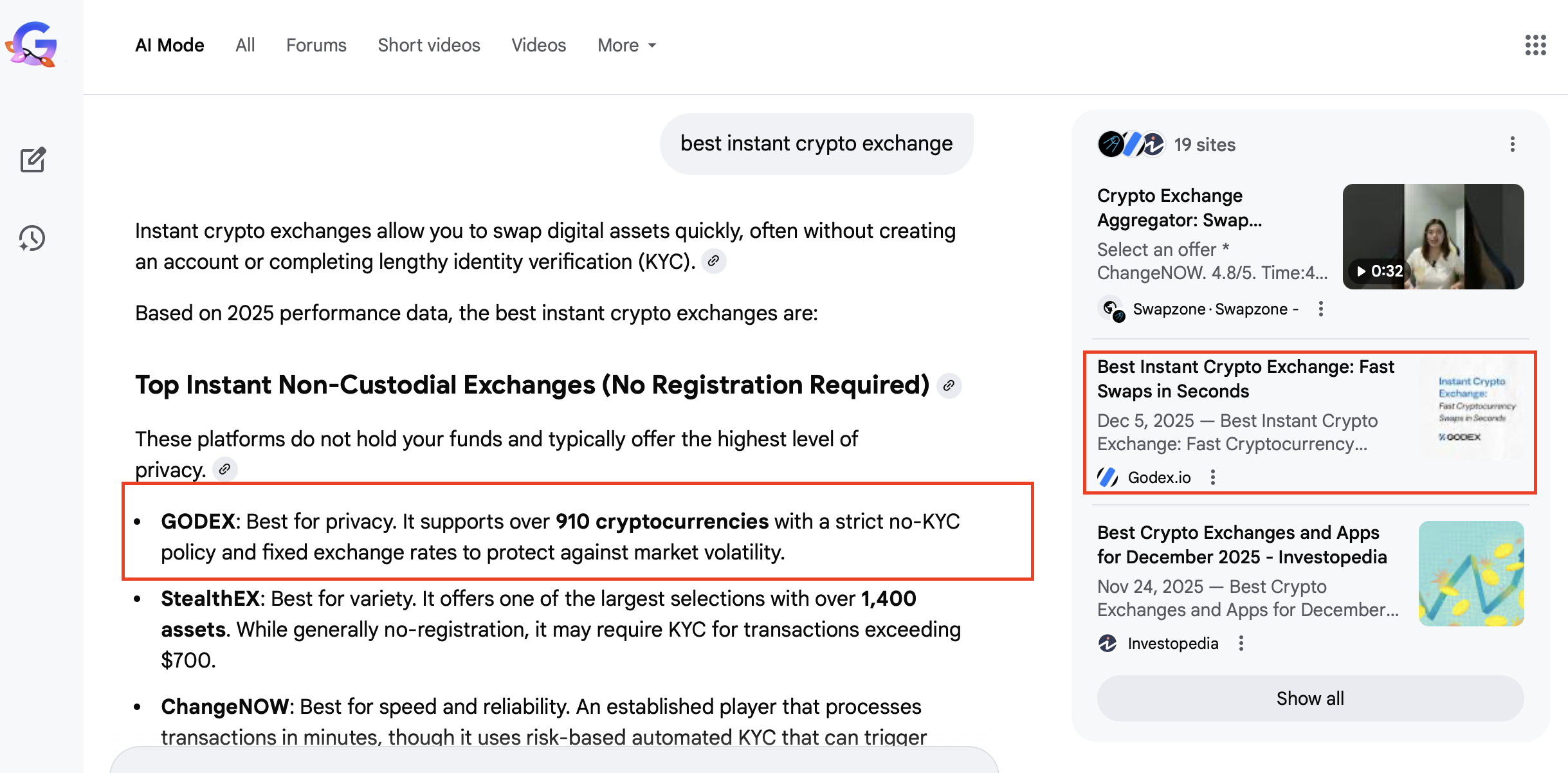 Google AI overview for 'best instant crypto exchange' highlighting GODEX as a top non-custodial no-KYC crypto exchange supporting over 900 cryptocurrencies.