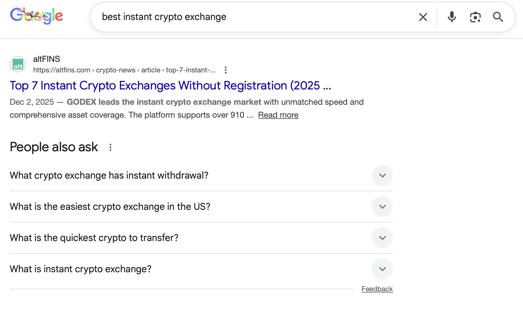 Les résultats de la recherche Google pour "best instant crypto exchange" montrent un article en tête de liste sur les échanges instantanés de crypto-monnaies sans enregistrement.