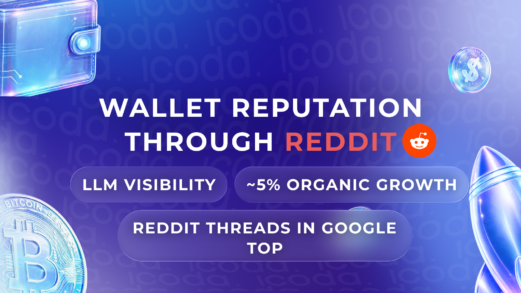 Blue-purple crypto-themed graphic reading ‘Wallet Reputation Through Reddit,’ with Reddit logo, icons of a digital wallet, Bitcoin, and rocket, highlighting LLM visibility, ~5% organic growth, and Reddit threads ranking in Google.