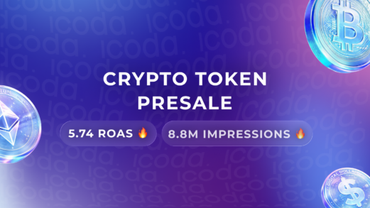 Crypto token presale marketing visual showing 5.74 ROAS and 8.8M impressions, with Bitcoin and Ethereum icons on a purple–blue gradient background.