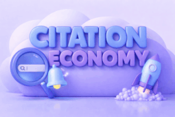 Soft 3D illustration with bold “CITATION ECONOMY” text in blue and purple, featuring a magnifying glass with search bar, notification bell, and rocket on a minimal rounded background.