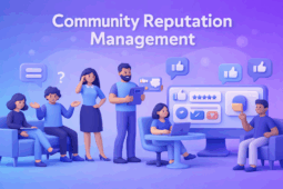 Soft 3D illustration of community reputation management showing people analyzing reviews, ratings, and feedback on a digital dashboard, using rounded shapes and a blue-purple gradient tech style in 16:9 format.