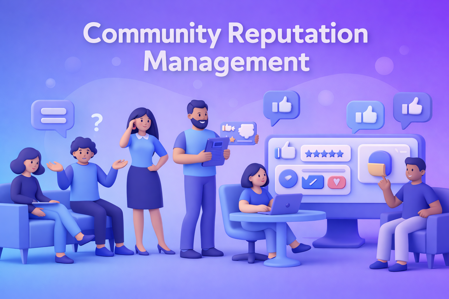 Soft 3D illustration of community reputation management showing people analyzing reviews, ratings, and feedback on a digital dashboard, using rounded shapes and a blue-purple gradient tech style in 16:9 format.