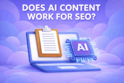 3D illustration showing a laptop with a clipboard and glowing AI chip on the screen, set on a blue-purple rounded background, representing the question of whether AI-generated content works for SEO.