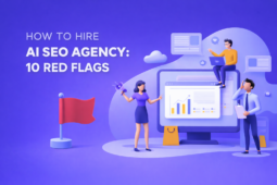 3D illustration in blue and purple tones showing people analyzing SEO data with text “How to Hire AI SEO Agency: 10 Red Flags” and a red flag symbol.