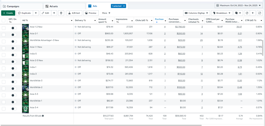 Meta Ads Manager table displaying ad performance metrics including amount spent, impressions, clicks, purchases, conversion value, CPM, ROAS, and CTR across global and regional ads.
