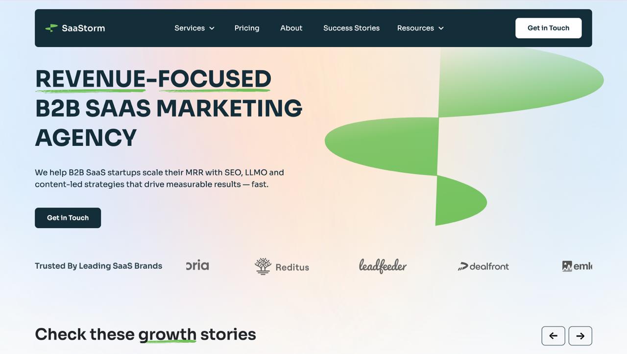 SaaStorm homepage showing B2B SaaS SEO agency services with content-led growth strategies and generative AI topic clustering