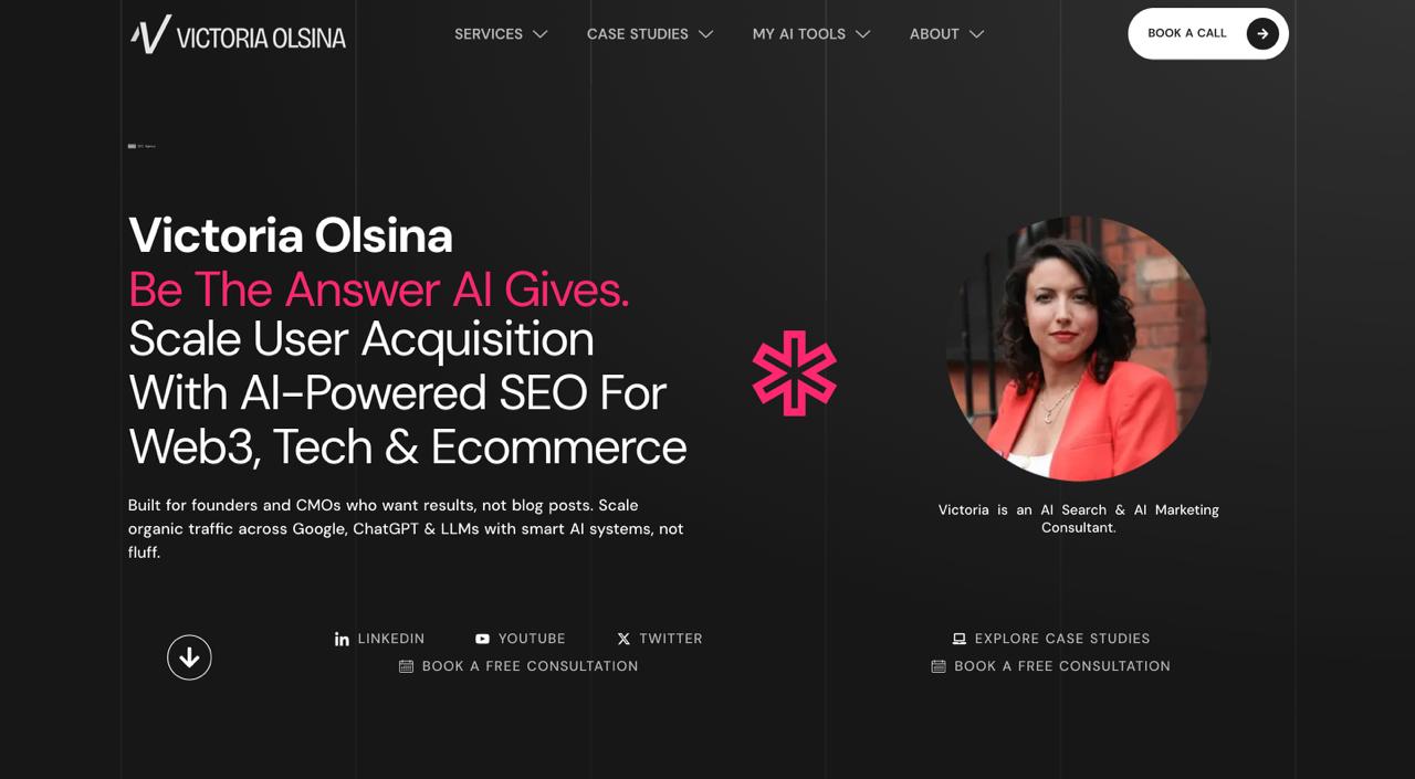 Victoria Olsina homepage featuring independent Web3 SEO consulting and LLM content optimization expertise for crypto brands