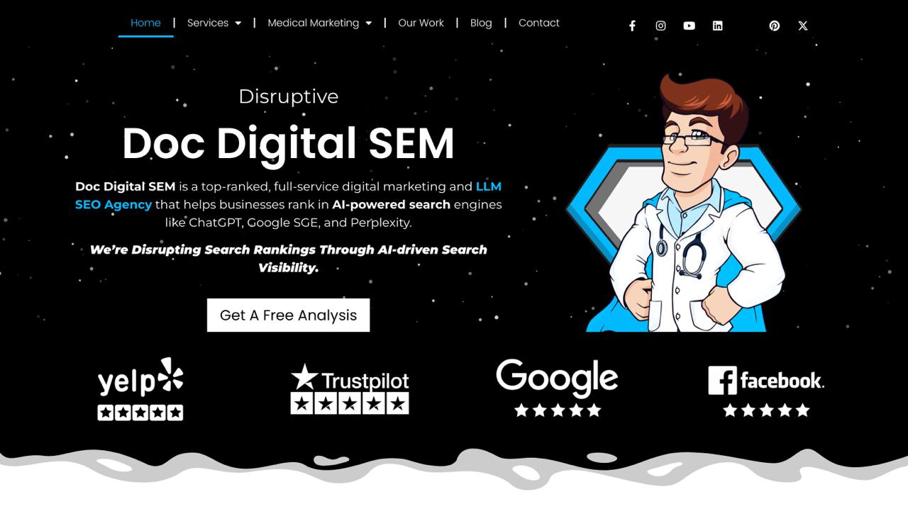 Doc Digital SEM 主页介绍跨 ChatGPT Gemini Claude 和 Perplexity 的多平台 LLM 优化情况