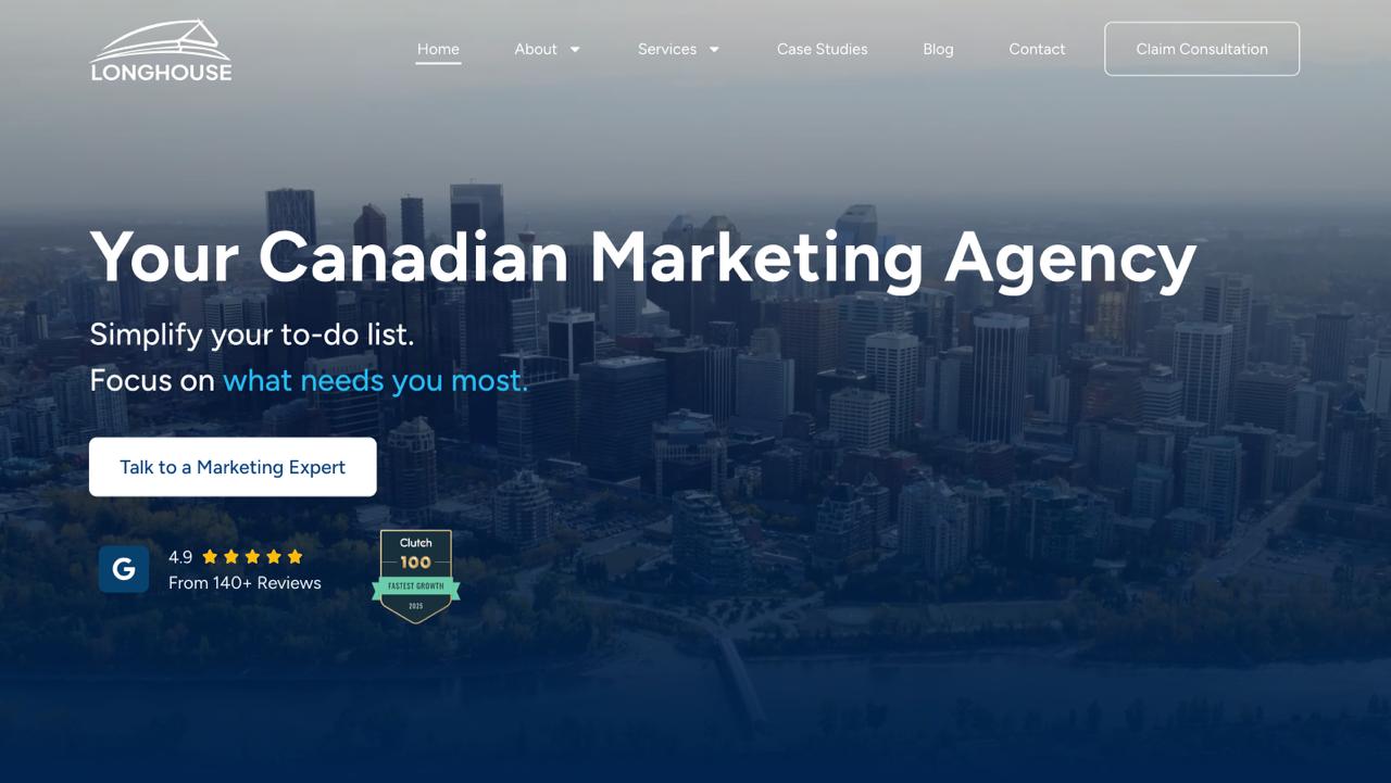 Longhouse Branding and Marketing homepage showcasing proprietary AnswerMapping AI optimization framework for Canadian local businesses