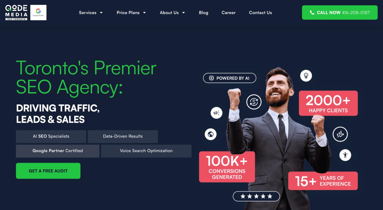Qode Media Toronto homepage highlighting generative AI search optimization services and Google Partner certified SEO expertise