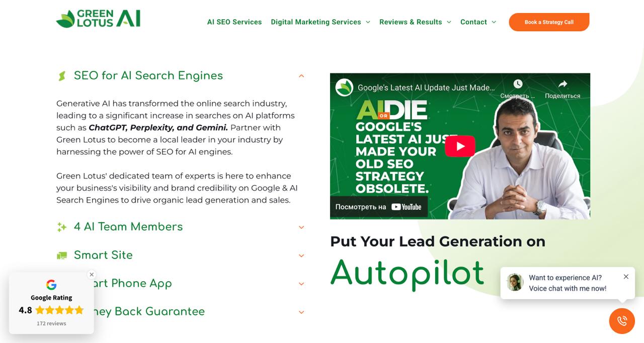 Green Lotus Toronto digital marketing agency homepage displaying AI-powered SEO services and growth-driven organic search solutions
