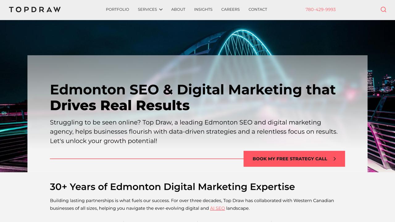 Top Draw Calgary agency homepage presenting customized AI search optimization packages designed for Canadian business visibility