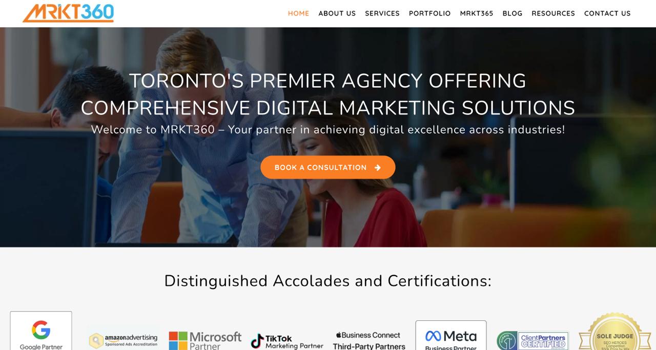 Mrkt360 Toronto homepage featuring AI-powered SEO solutions with multilingual capabilities and advanced marketing technology