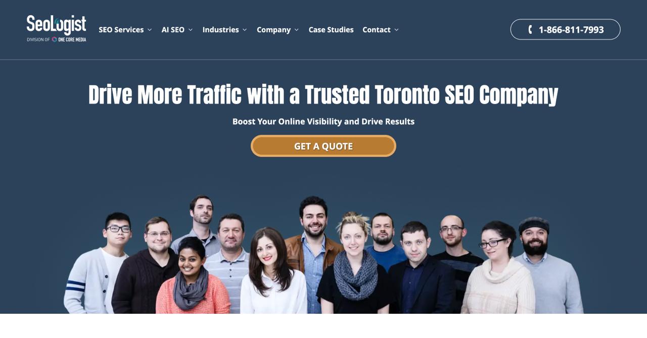 Seologist homepage showcasing specialized AI SEO services for financial services and regulated industries across Canada and USA